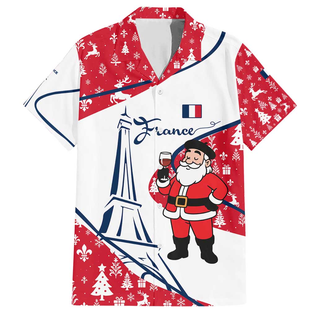 France Christmas Family Matching Short Sleeve Bodycon Dress and Hawaiian Shirt with Santa Wine Glass Eiffel Tower and Holiday Icons Design - Wonder Print Shop