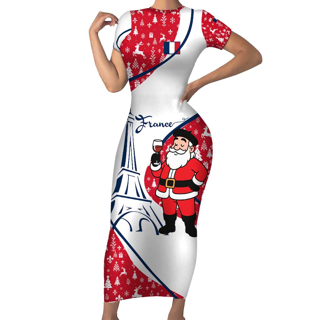 France Christmas Family Matching Short Sleeve Bodycon Dress and Hawaiian Shirt with Santa Wine Glass Eiffel Tower and Holiday Icons Design - Wonder Print Shop