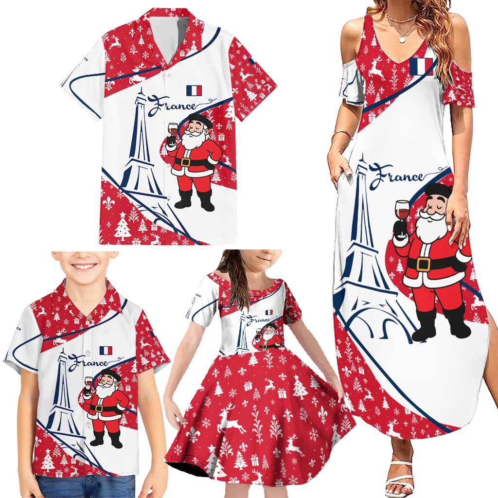 France Christmas Family Matching Summer Maxi Dress and Hawaiian Shirt with Santa Wine Glass Eiffel Tower and Holiday Icons Design - Wonder Print Shop