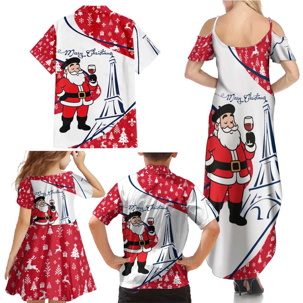 France Christmas Family Matching Summer Maxi Dress and Hawaiian Shirt with Santa Wine Glass Eiffel Tower and Holiday Icons Design - Wonder Print Shop