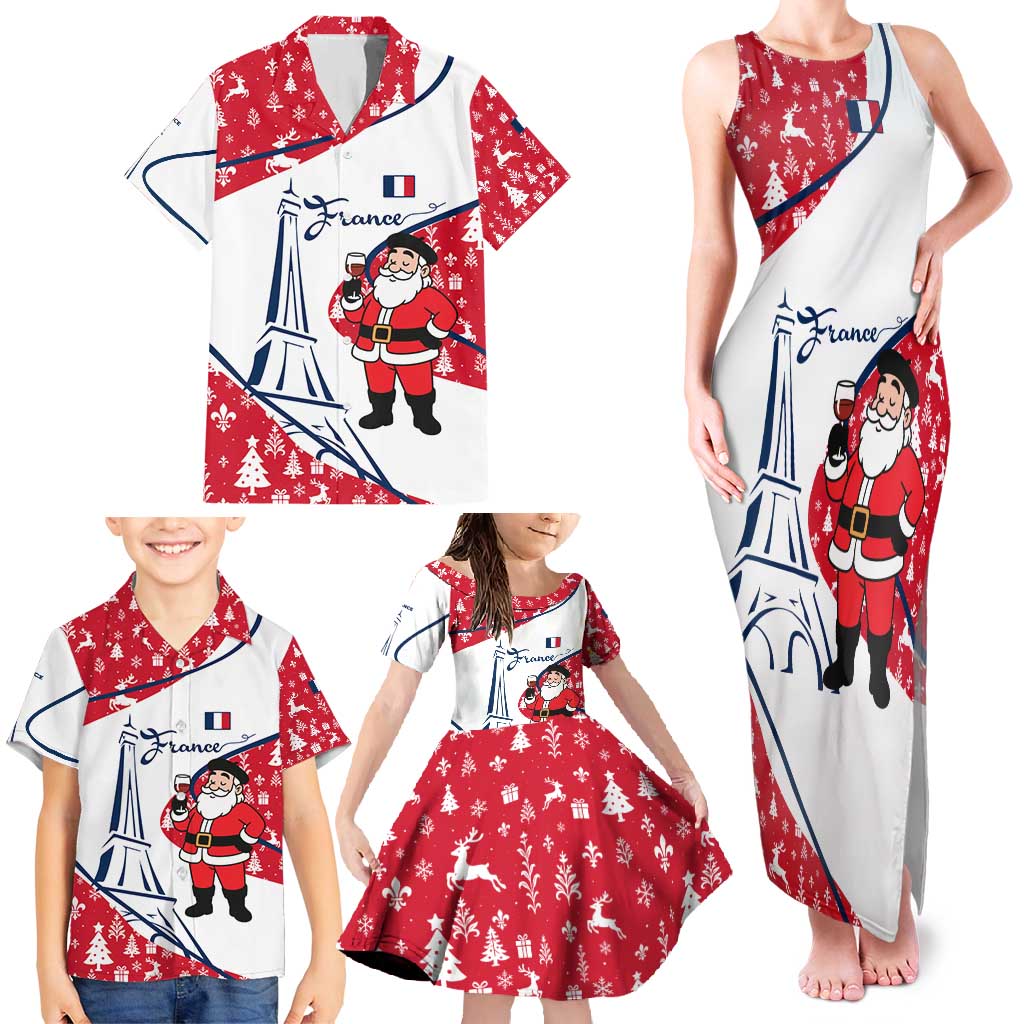 France Christmas Family Matching Tank Maxi Dress and Hawaiian Shirt with Santa Wine Glass Eiffel Tower and Holiday Icons Design - Wonder Print Shop