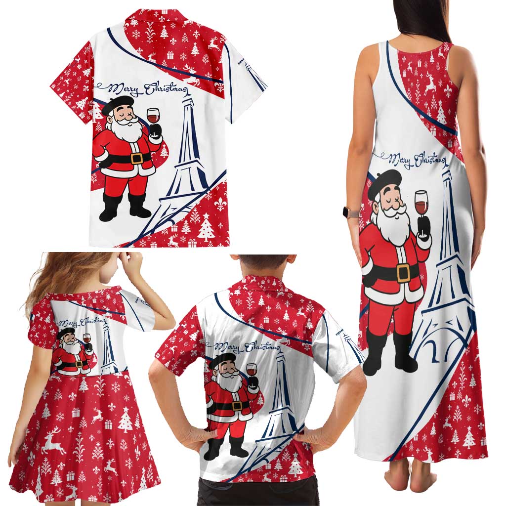 France Christmas Family Matching Tank Maxi Dress and Hawaiian Shirt with Santa Wine Glass Eiffel Tower and Holiday Icons Design - Wonder Print Shop