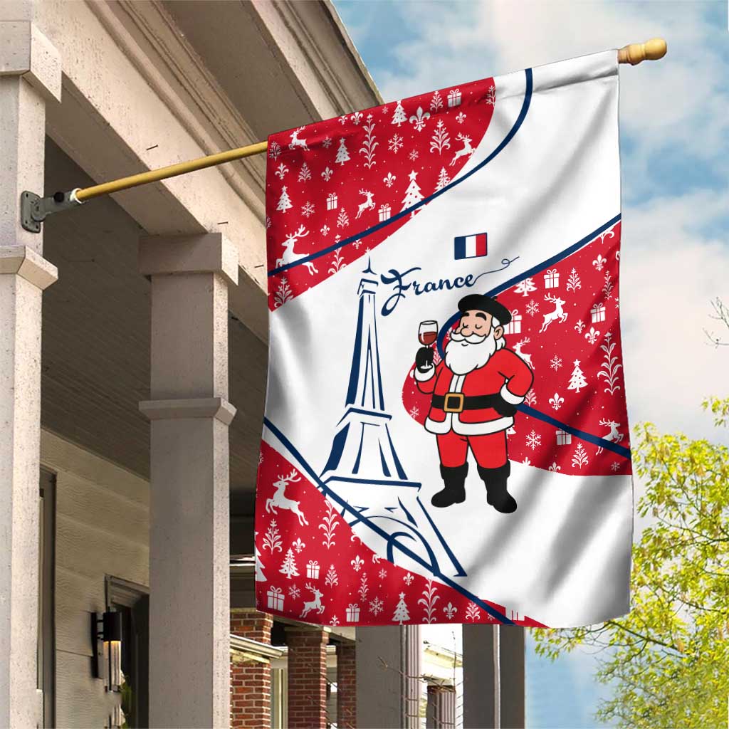 France Christmas Garden Flag with Santa Wine Glass Eiffel Tower and Holiday Icons Design - Wonder Print Shop