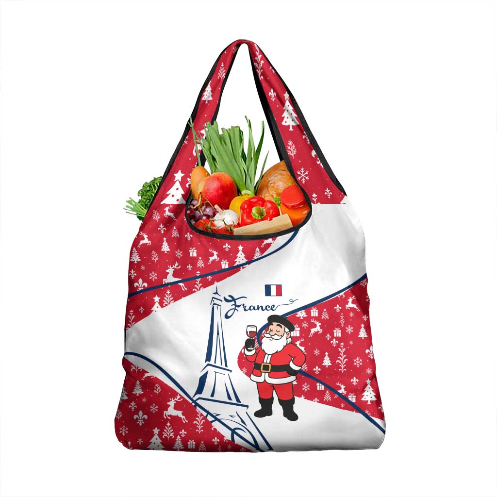 France Christmas Grocery Bag with Santa Wine Glass Eiffel Tower and Holiday Icons Design - Wonder Print Shop