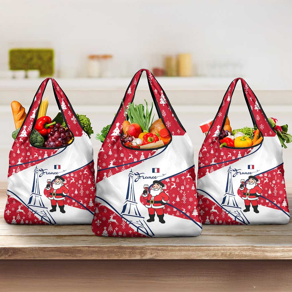 France Christmas Grocery Bag with Santa Wine Glass Eiffel Tower and Holiday Icons Design - Wonder Print Shop