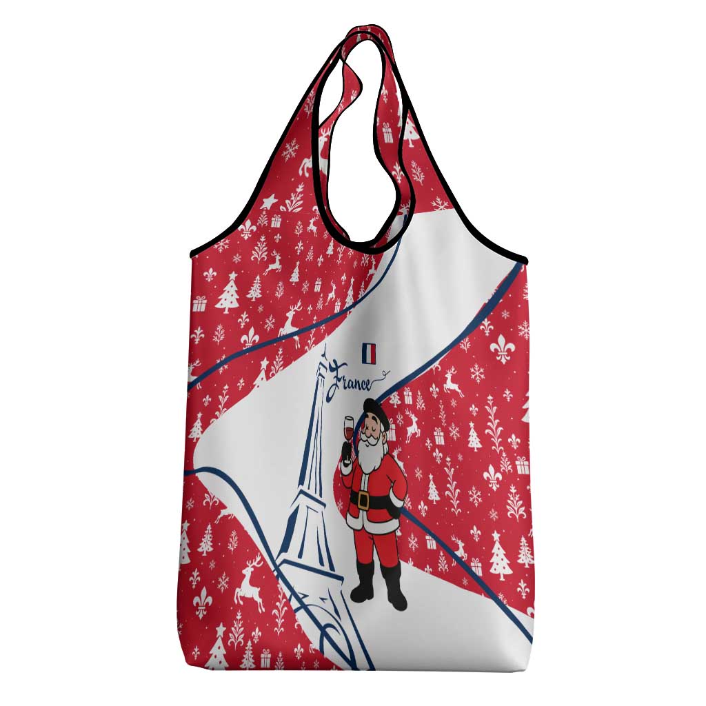 France Christmas Grocery Bag with Santa Wine Glass Eiffel Tower and Holiday Icons Design - Wonder Print Shop