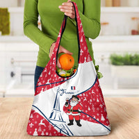 France Christmas Grocery Bag with Santa Wine Glass Eiffel Tower and Holiday Icons Design - Wonder Print Shop