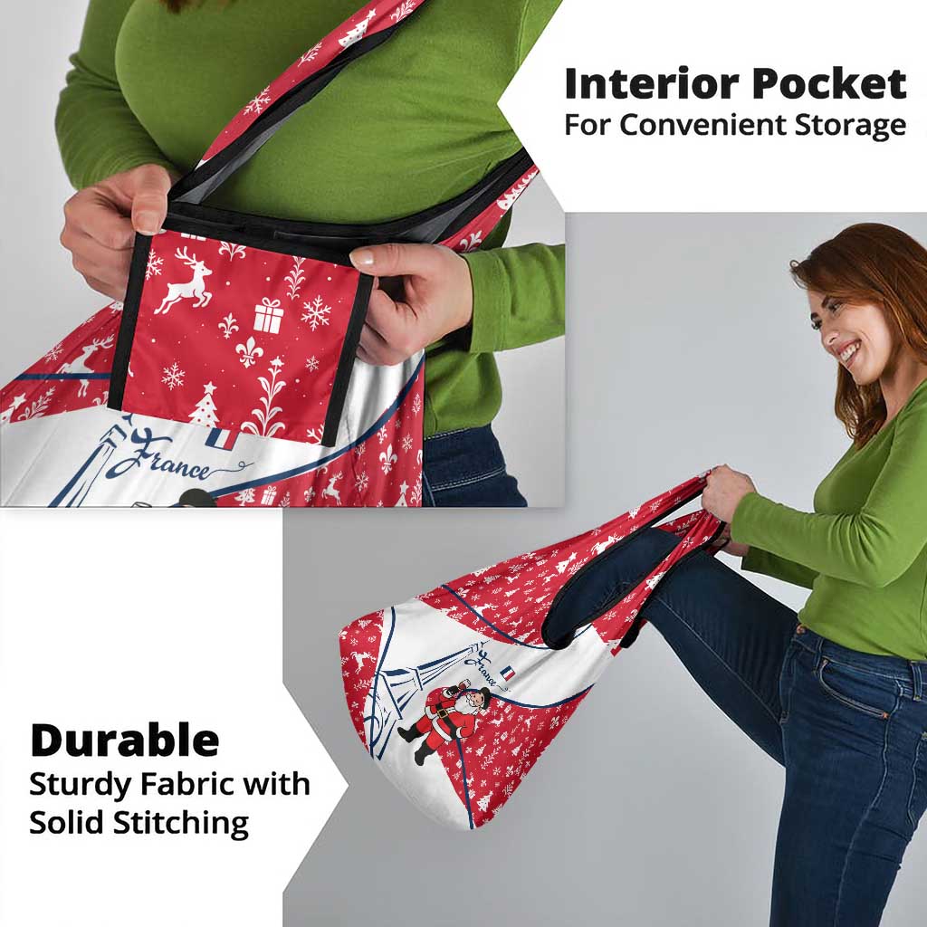 France Christmas Grocery Bag with Santa Wine Glass Eiffel Tower and Holiday Icons Design - Wonder Print Shop