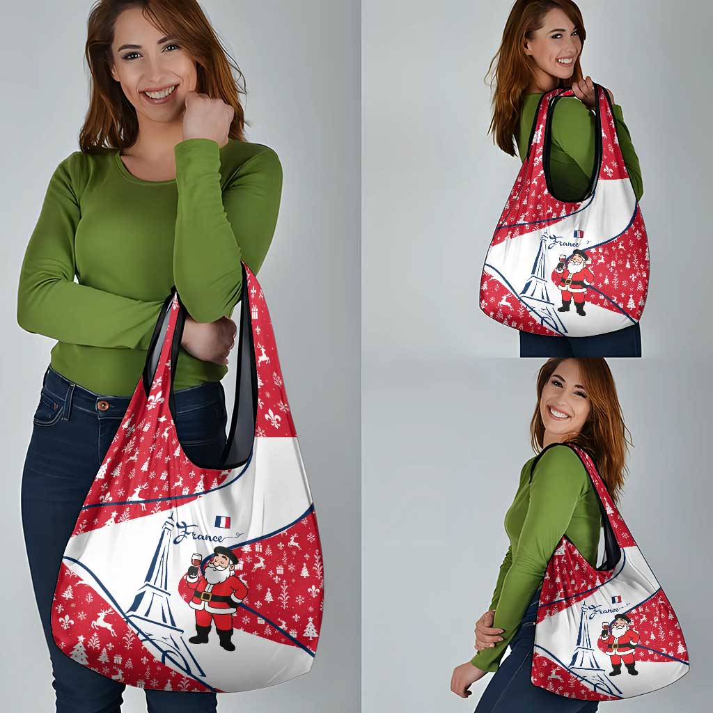 France Christmas Grocery Bag with Santa Wine Glass Eiffel Tower and Holiday Icons Design - Wonder Print Shop