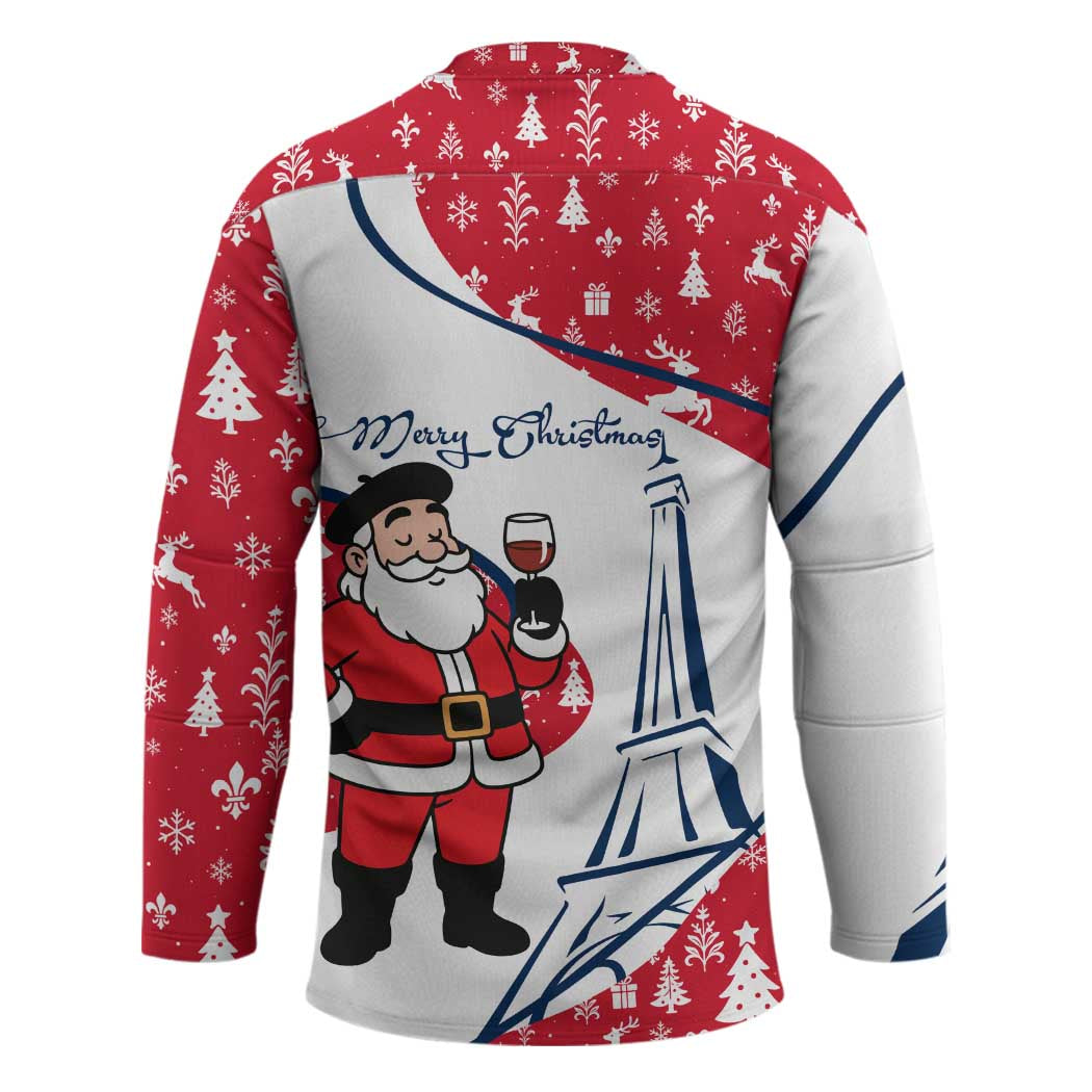 France Christmas Hockey Jersey with Santa Wine Glass Eiffel Tower and Holiday Icons Design - Wonder Print Shop