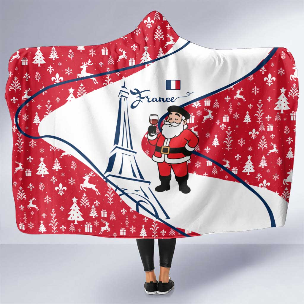 France Christmas Hooded Blanket with Santa Wine Glass Eiffel Tower and Holiday Icons Design - Wonder Print Shop