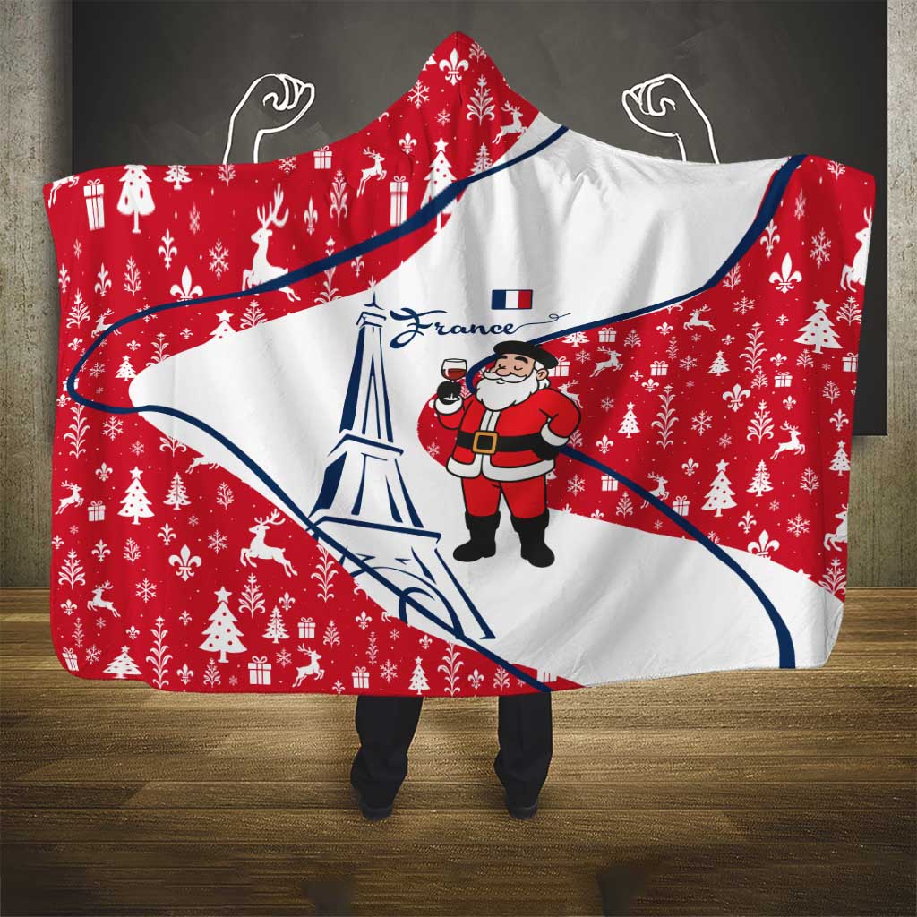 France Christmas Hooded Blanket with Santa Wine Glass Eiffel Tower and Holiday Icons Design - Wonder Print Shop