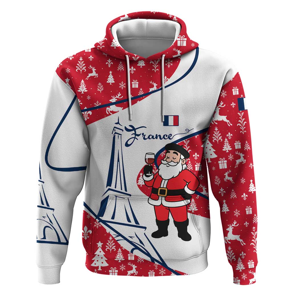 France Christmas Hoodie with Santa Wine Glass Eiffel Tower and Holiday Icons Design - Wonder Print Shop