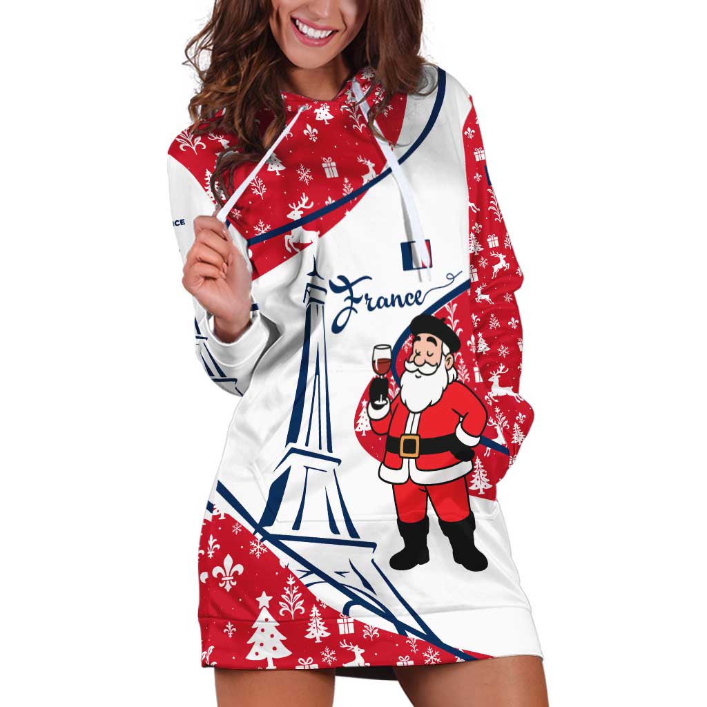 France Christmas Hoodie Dress with Santa Wine Glass Eiffel Tower and Holiday Icons Design - Wonder Print Shop