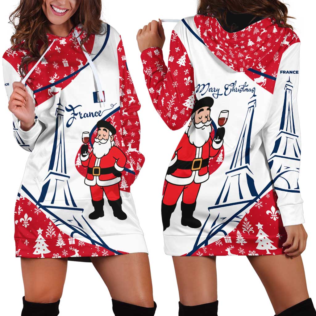 France Christmas Hoodie Dress with Santa Wine Glass Eiffel Tower and Holiday Icons Design - Wonder Print Shop