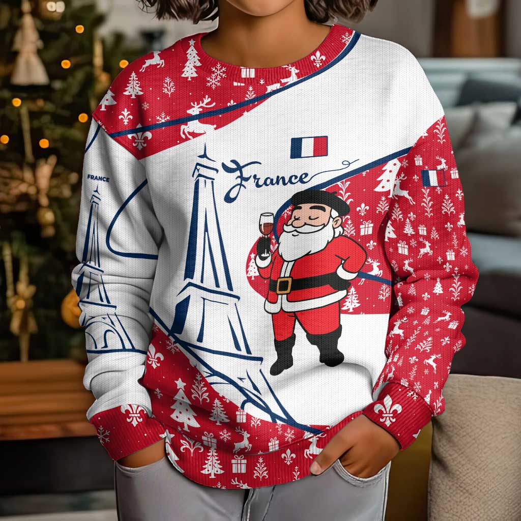 France Christmas Kid Ugly Christmas Sweater with Santa Wine Glass Eiffel Tower and Holiday Icons Design - Wonder Print Shop
