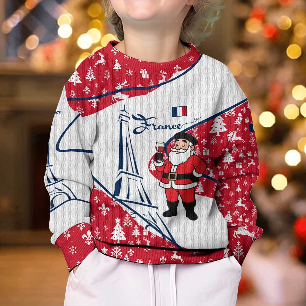France Christmas Kid Ugly Christmas Sweater with Santa Wine Glass Eiffel Tower and Holiday Icons Design - Wonder Print Shop