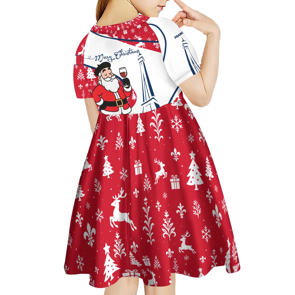 France Christmas Kid Short Sleeve Dress with Santa Wine Glass Eiffel Tower and Holiday Icons Design - Wonder Print Shop