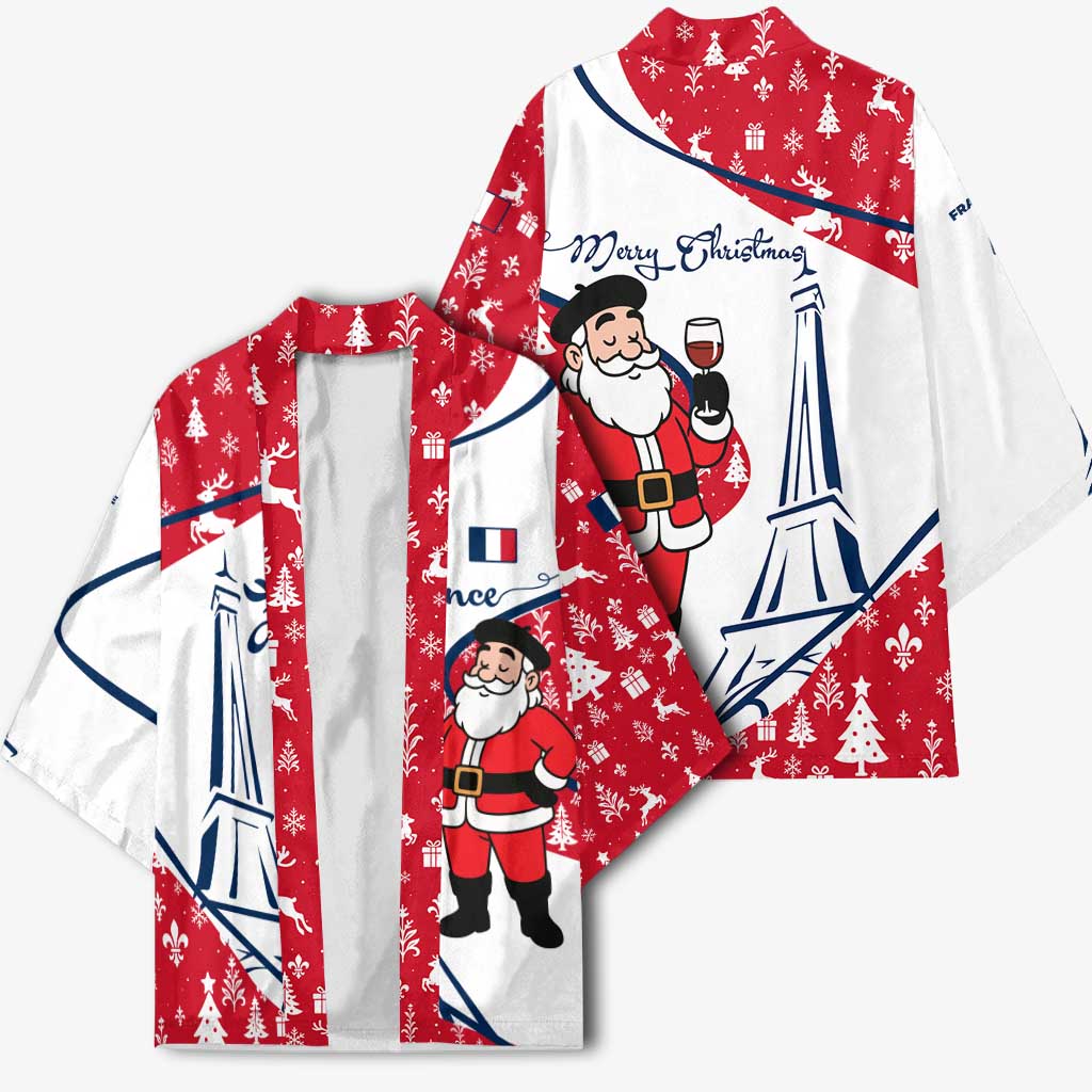 France Christmas Kimono with Santa Wine Glass Eiffel Tower and Holiday Icons Design - Wonder Print Shop