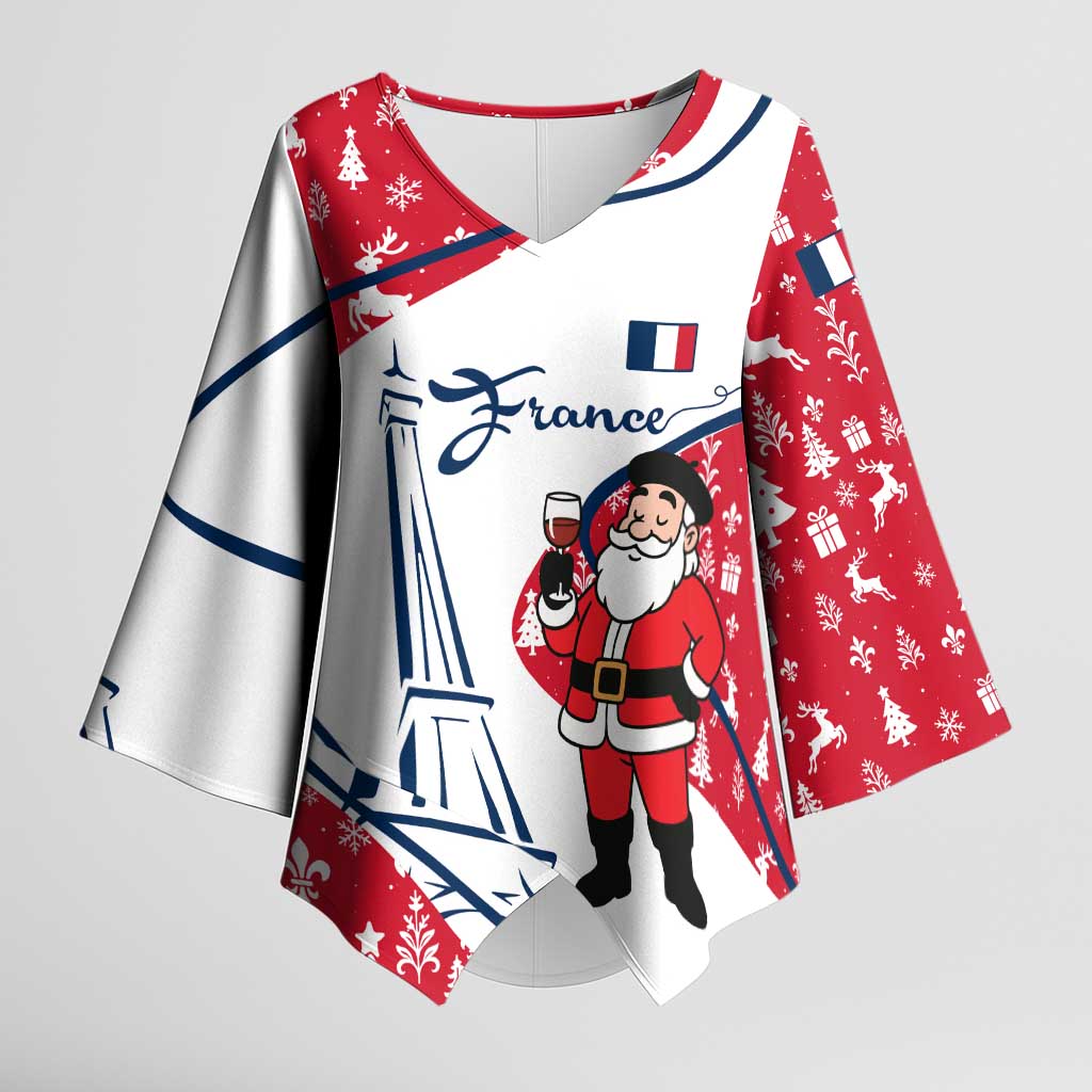 France Christmas Kimono Sleeve Blouse with Santa Wine Glass Eiffel Tower and Holiday Icons Design - Wonder Print Shop