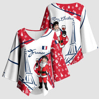 France Christmas Kimono Sleeve Blouse with Santa Wine Glass Eiffel Tower and Holiday Icons Design - Wonder Print Shop