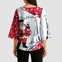 France Christmas Kimono Sleeve Blouse with Santa Wine Glass Eiffel Tower and Holiday Icons Design - Wonder Print Shop