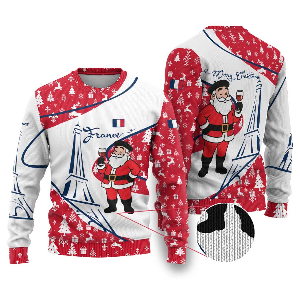 France Christmas Ugly Christmas Sweater with Santa Wine Glass Eiffel Tower and Holiday Icons Design - Wonder Print Shop