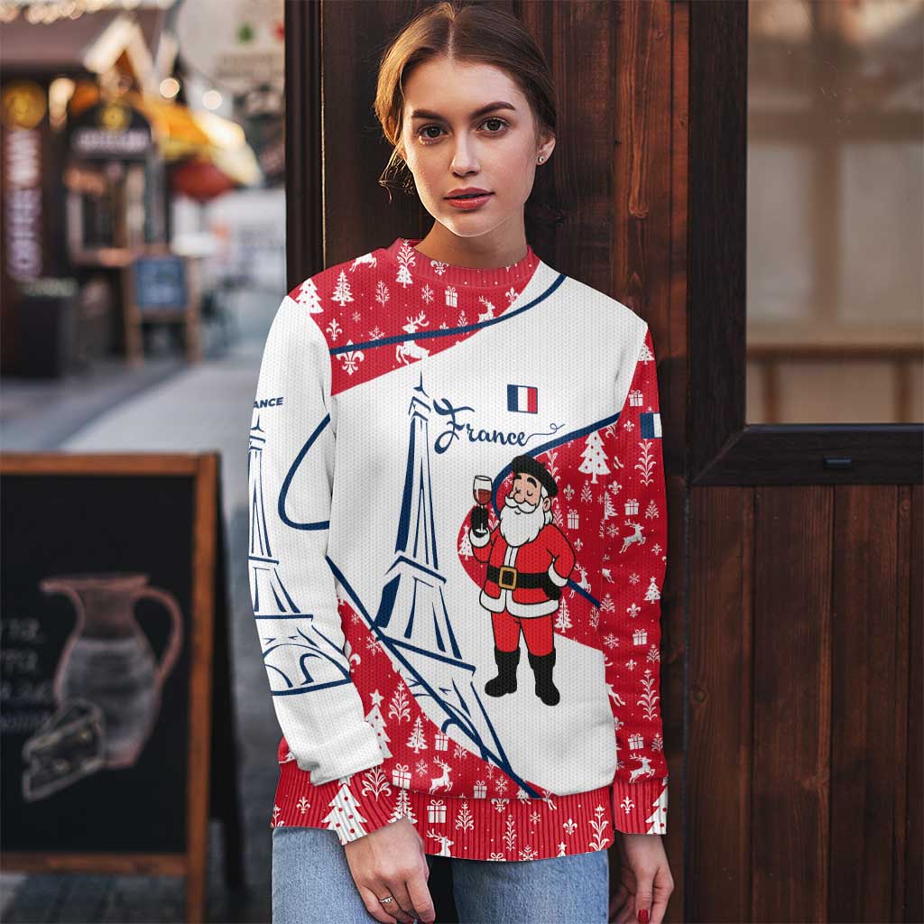 France Christmas Ugly Christmas Sweater with Santa Wine Glass Eiffel Tower and Holiday Icons Design - Wonder Print Shop