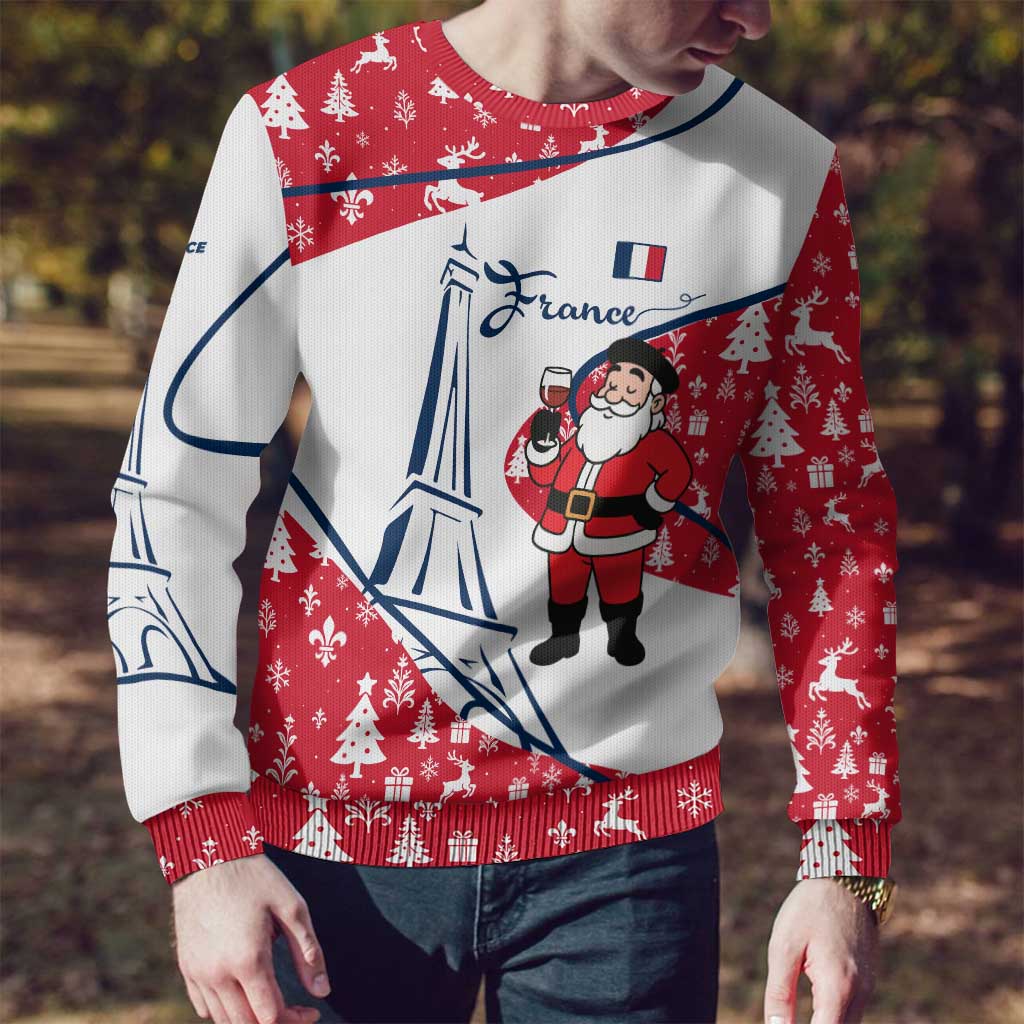 France Christmas Ugly Christmas Sweater with Santa Wine Glass Eiffel Tower and Holiday Icons Design - Wonder Print Shop