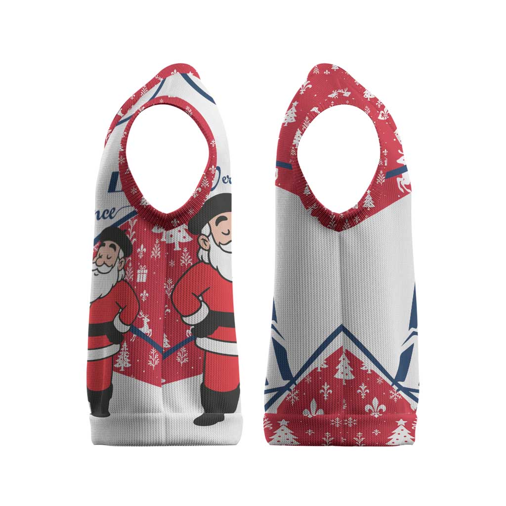 France Christmas Knitted V-Neck Vest with Santa Wine Glass Eiffel Tower and Holiday Icons Design - Wonder Print Shop