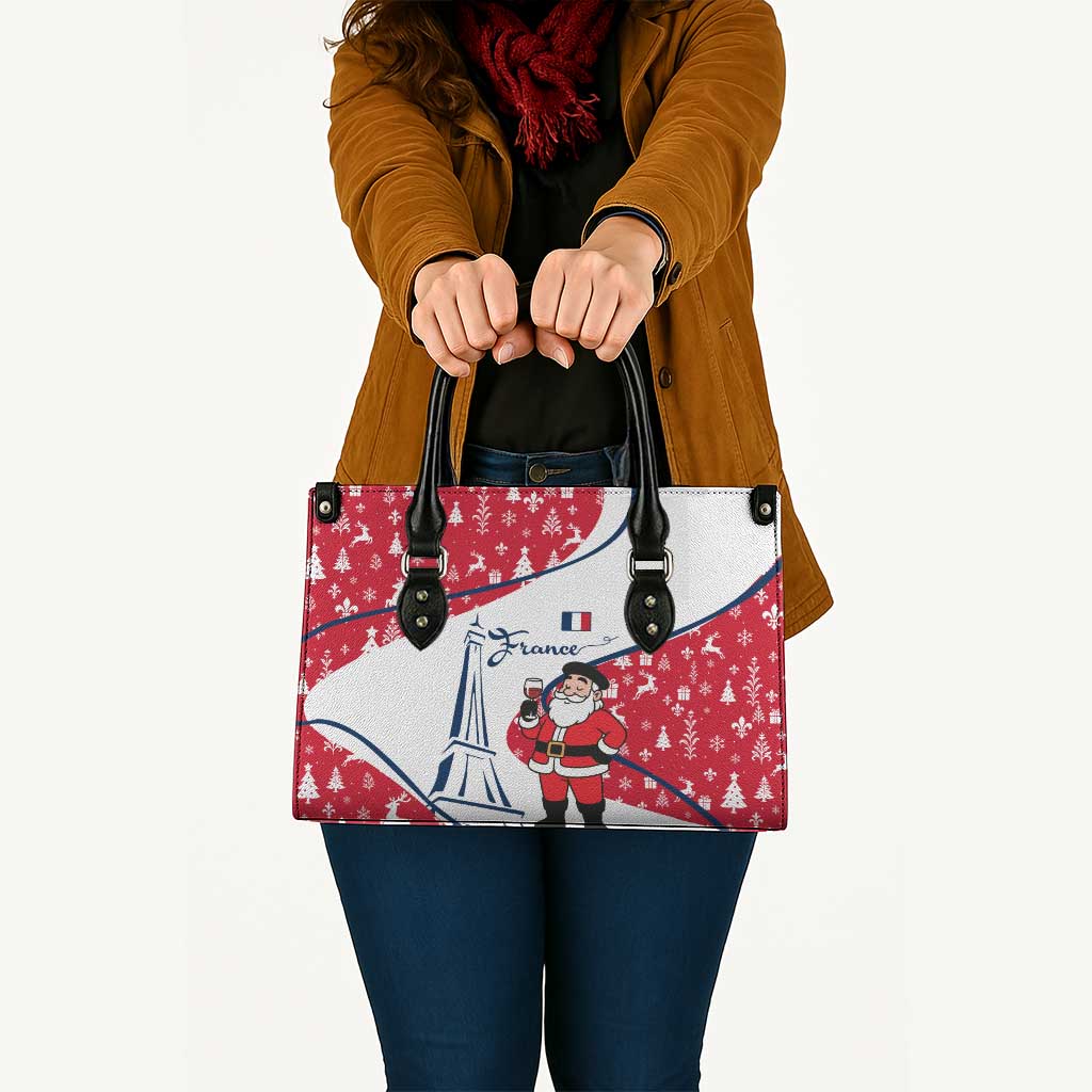 France Christmas Leather Bag with Santa Wine Glass Eiffel Tower and Holiday Icons Design - Wonder Print Shop