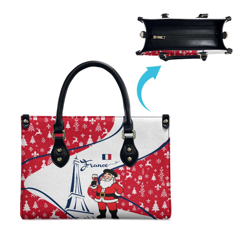 France Christmas Leather Bag with Santa Wine Glass Eiffel Tower and Holiday Icons Design - Wonder Print Shop