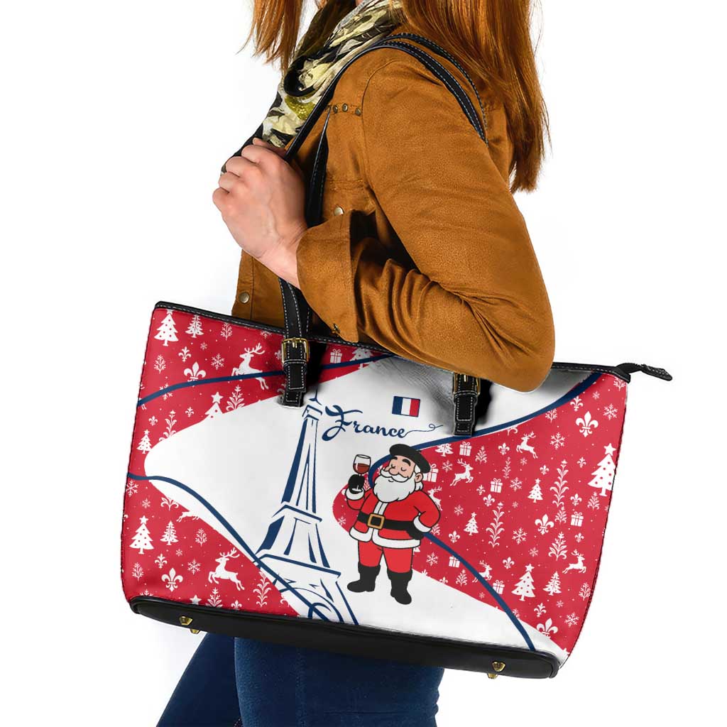 France Christmas Leather Tote Bag with Santa Wine Glass Eiffel Tower and Holiday Icons Design - Wonder Print Shop