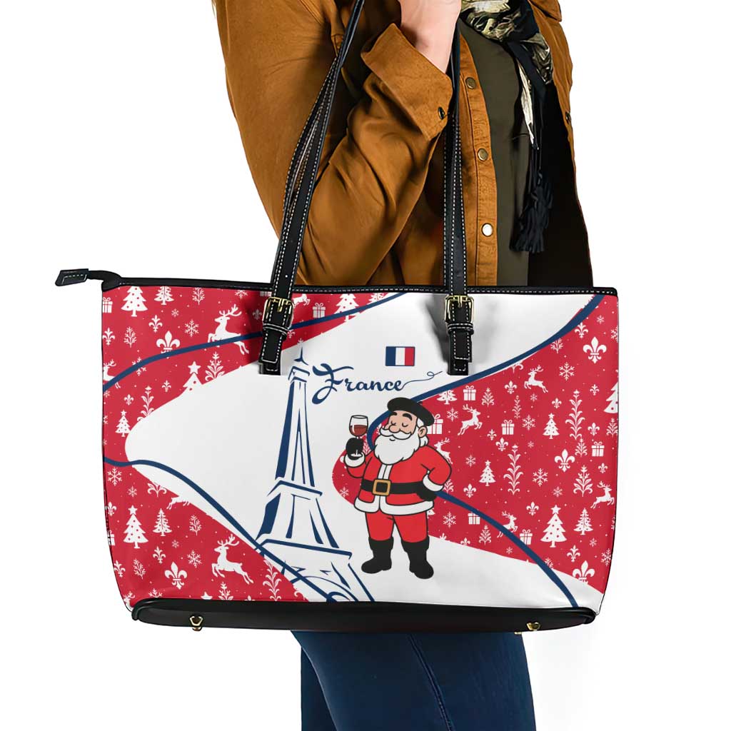 France Christmas Leather Tote Bag with Santa Wine Glass Eiffel Tower and Holiday Icons Design - Wonder Print Shop