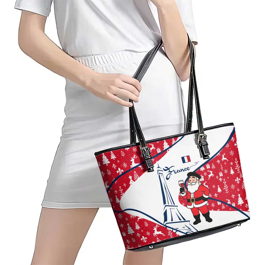 France Christmas Leather Tote Bag with Santa Wine Glass Eiffel Tower and Holiday Icons Design - Wonder Print Shop