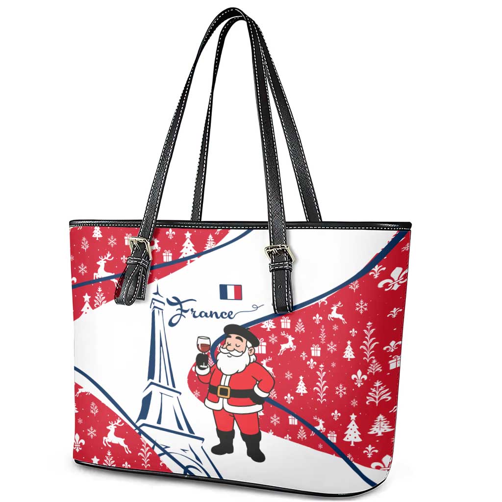France Christmas Leather Tote Bag with Santa Wine Glass Eiffel Tower and Holiday Icons Design - Wonder Print Shop