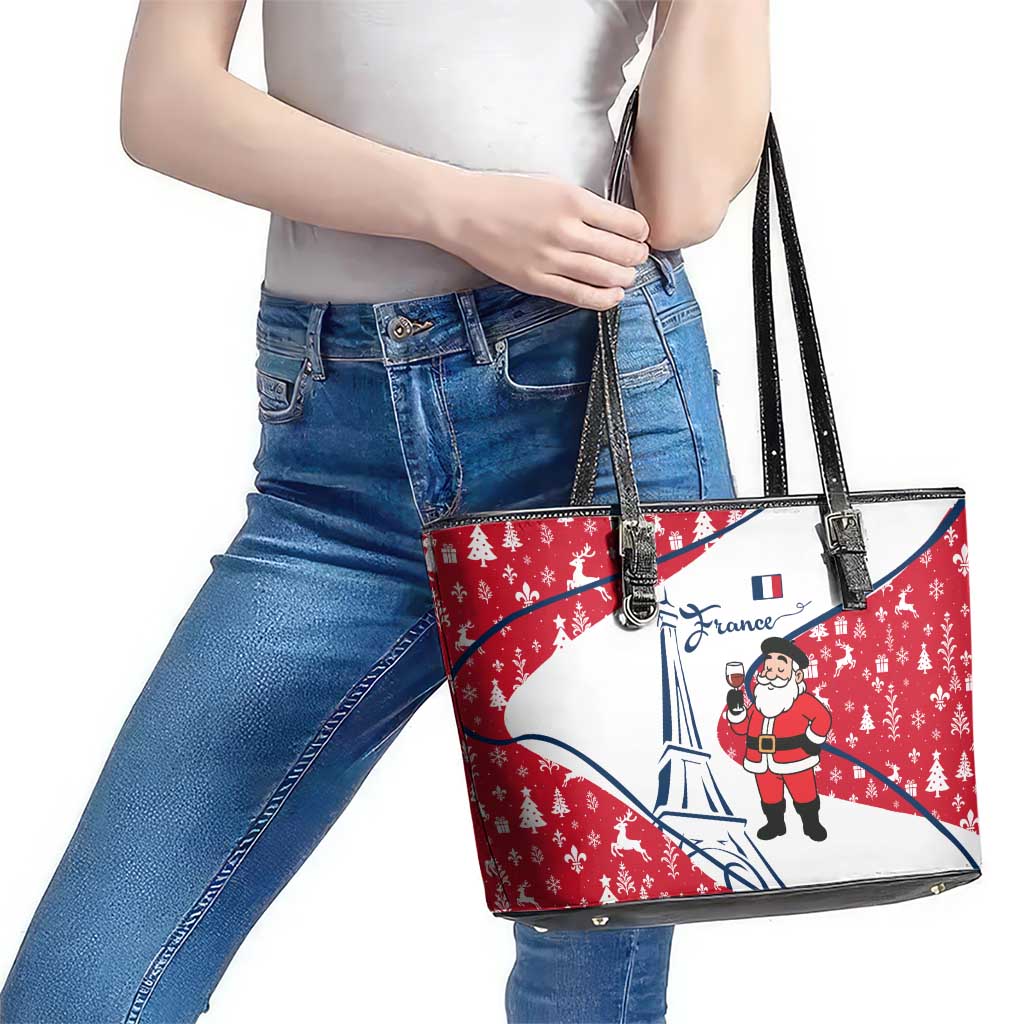 France Christmas Leather Tote Bag with Santa Wine Glass Eiffel Tower and Holiday Icons Design - Wonder Print Shop