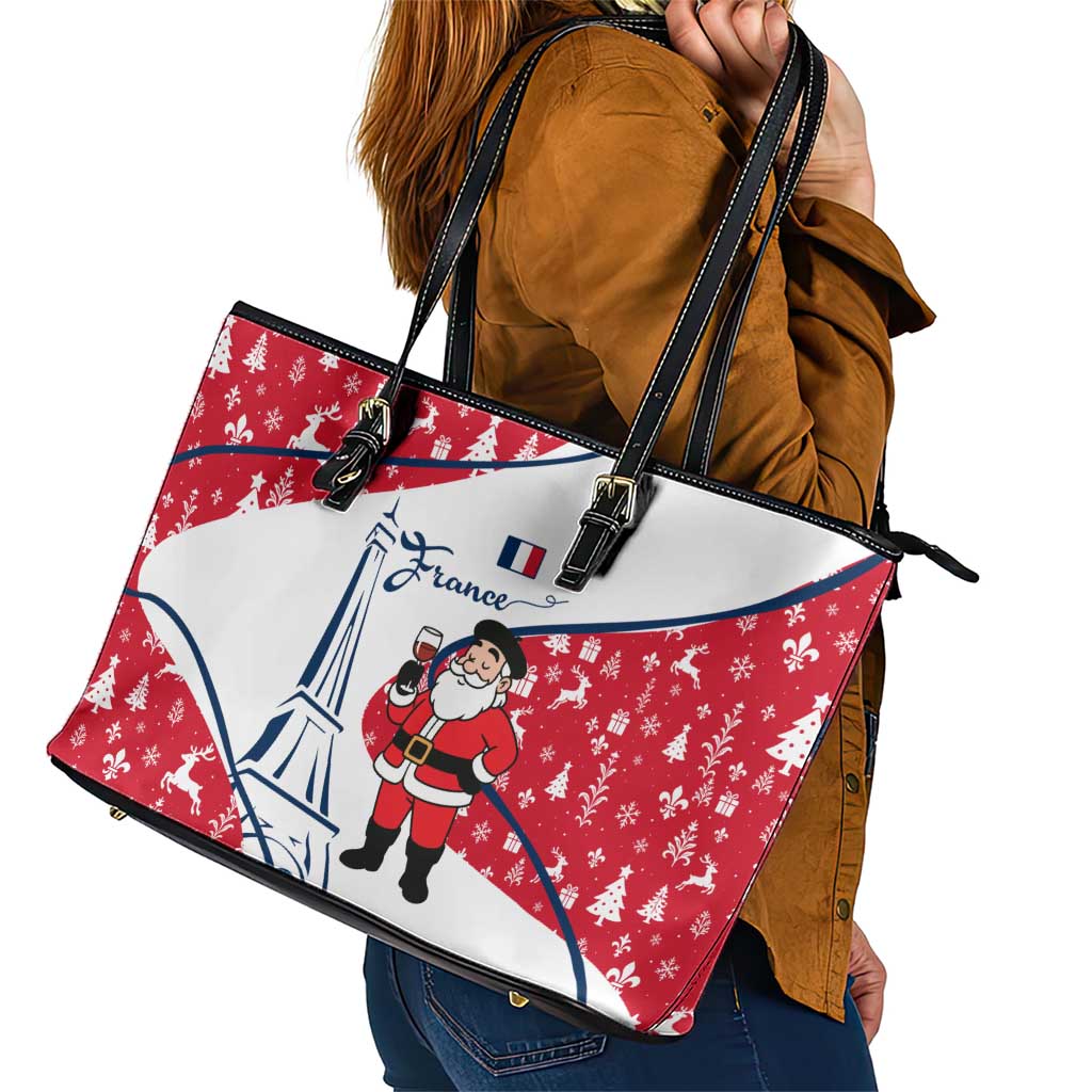 France Christmas Leather Tote Bag with Santa Wine Glass Eiffel Tower and Holiday Icons Design - Wonder Print Shop