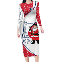 France Christmas Long Sleeve Bodycon Dress with Santa Wine Glass Eiffel Tower and Holiday Icons Design - Wonder Print Shop