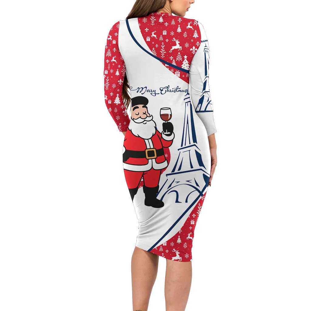France Christmas Long Sleeve Bodycon Dress with Santa Wine Glass Eiffel Tower and Holiday Icons Design - Wonder Print Shop