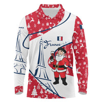 France Christmas Long Sleeve Polo Shirt with Santa Wine Glass Eiffel Tower and Holiday Icons Design - Wonder Print Shop
