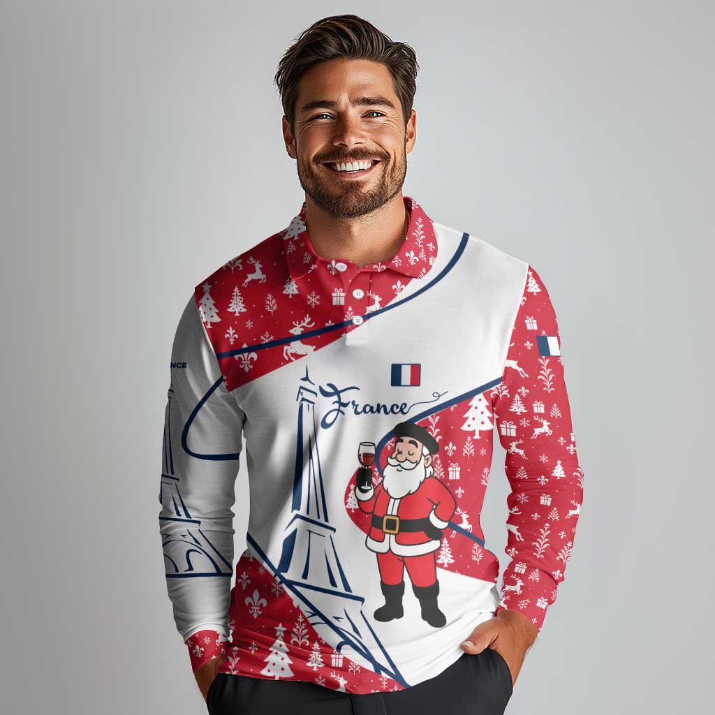 France Christmas Long Sleeve Polo Shirt with Santa Wine Glass Eiffel Tower and Holiday Icons Design - Wonder Print Shop