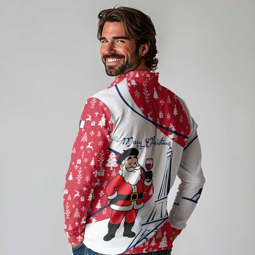 France Christmas Long Sleeve Polo Shirt with Santa Wine Glass Eiffel Tower and Holiday Icons Design - Wonder Print Shop