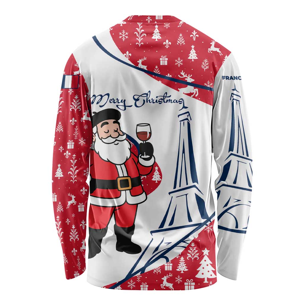 France Christmas Long Sleeve Shirt with Santa Wine Glass Eiffel Tower and Holiday Icons Design - Wonder Print Shop