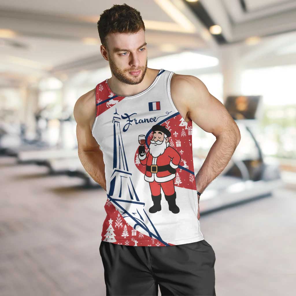 France Christmas Men Tank Top with Santa Wine Glass Eiffel Tower and Holiday Icons Design - Wonder Print Shop