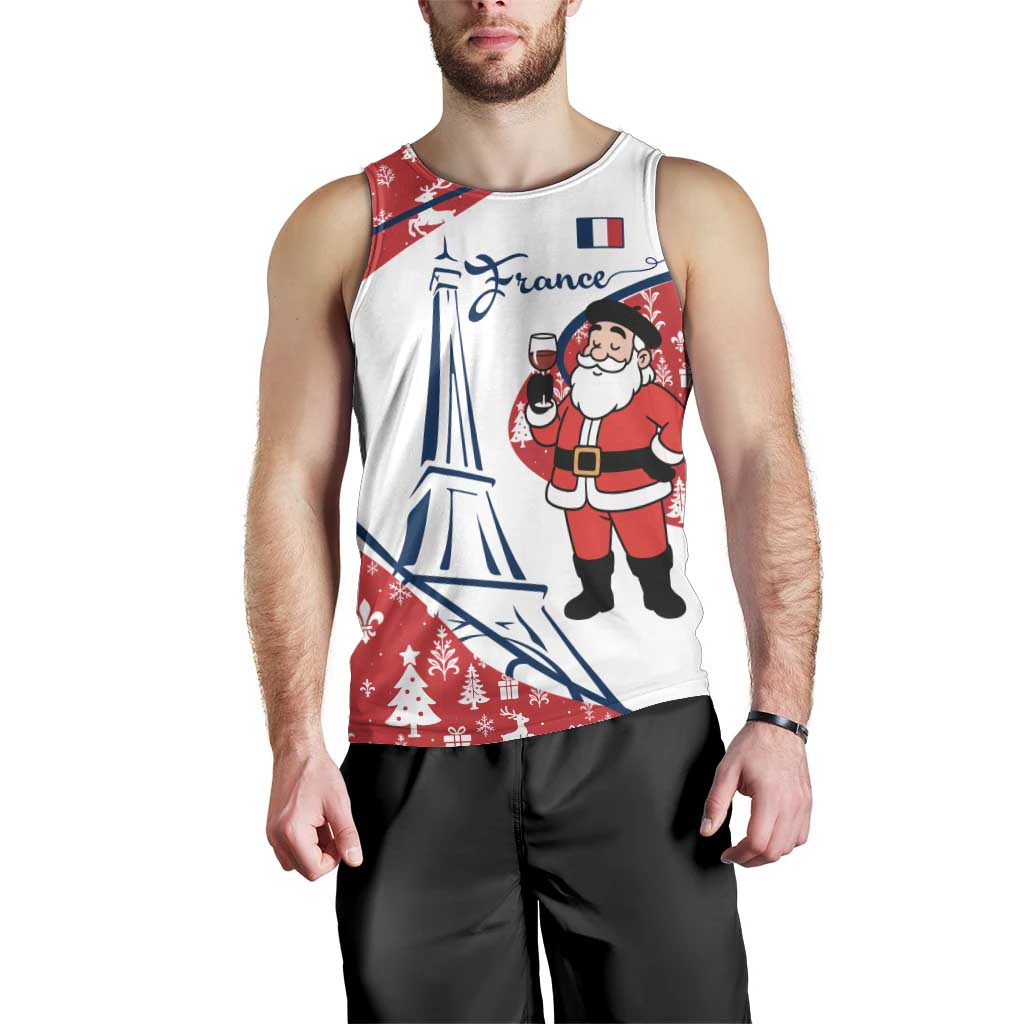 France Christmas Men Tank Top with Santa Wine Glass Eiffel Tower and Holiday Icons Design - Wonder Print Shop