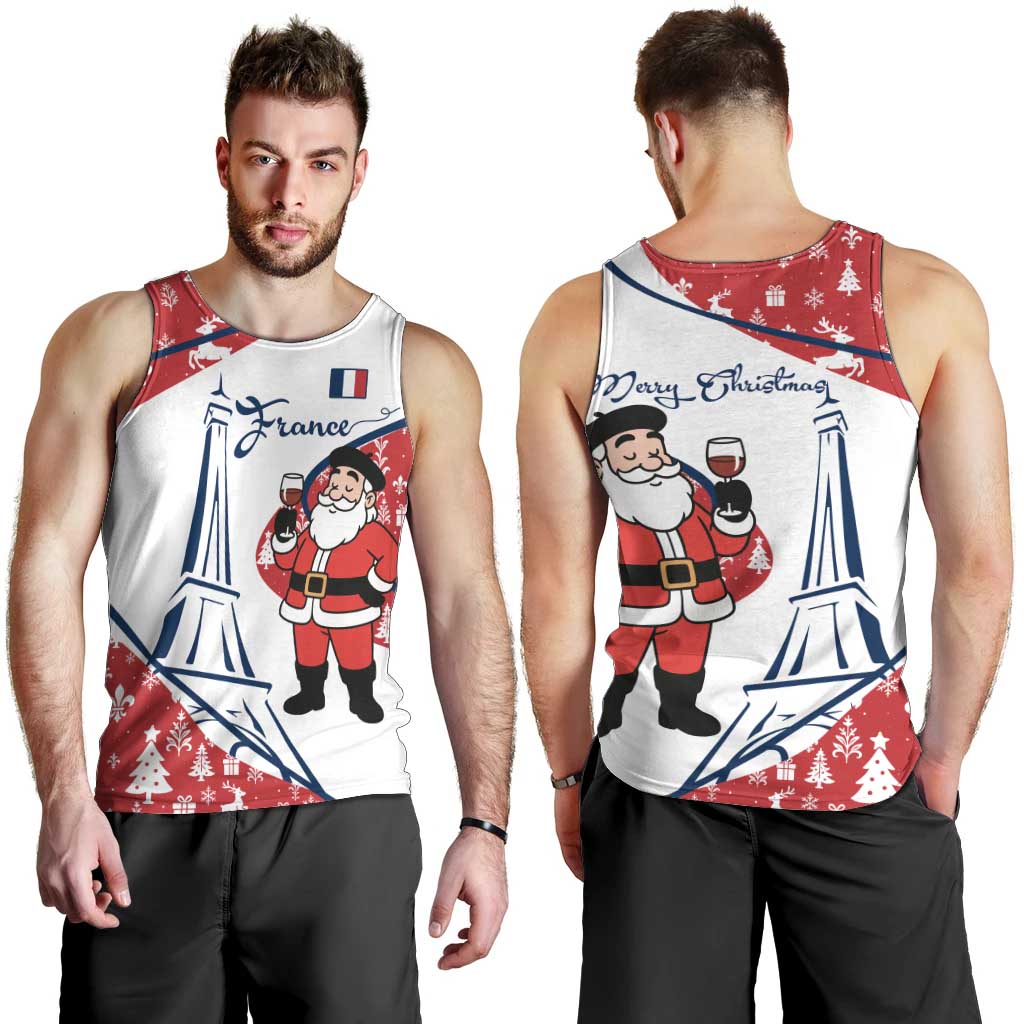 France Christmas Men Tank Top with Santa Wine Glass Eiffel Tower and Holiday Icons Design - Wonder Print Shop