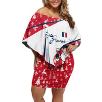 France Christmas Off Shoulder Short Dress with Santa Wine Glass Eiffel Tower and Holiday Icons Design - Wonder Print Shop