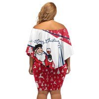 France Christmas Off Shoulder Short Dress with Santa Wine Glass Eiffel Tower and Holiday Icons Design - Wonder Print Shop