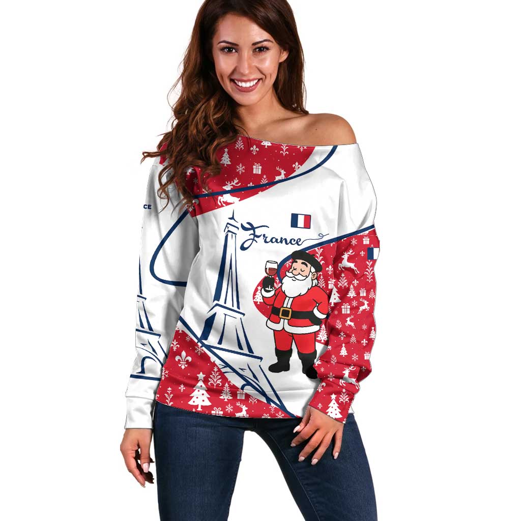 France Christmas Off Shoulder Sweater with Santa Wine Glass Eiffel Tower and Holiday Icons Design - Wonder Print Shop